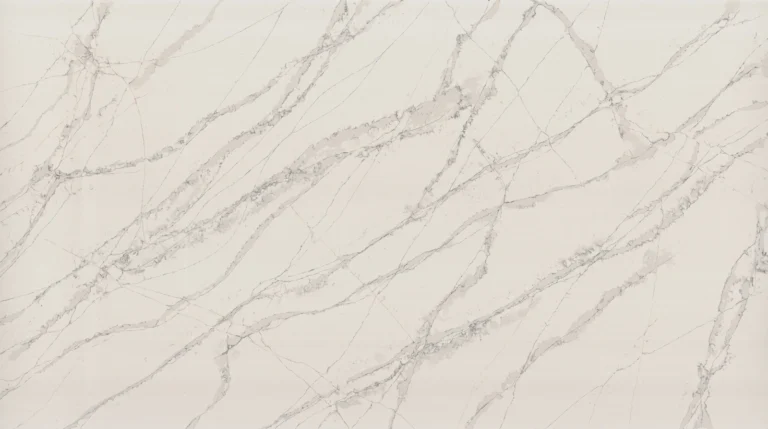 Polished Bellagio quartz slab, creamy white with sweeping gray veins