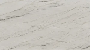 Polished Bianco Superiore quartzite slab, white with sweeping gray-green veins