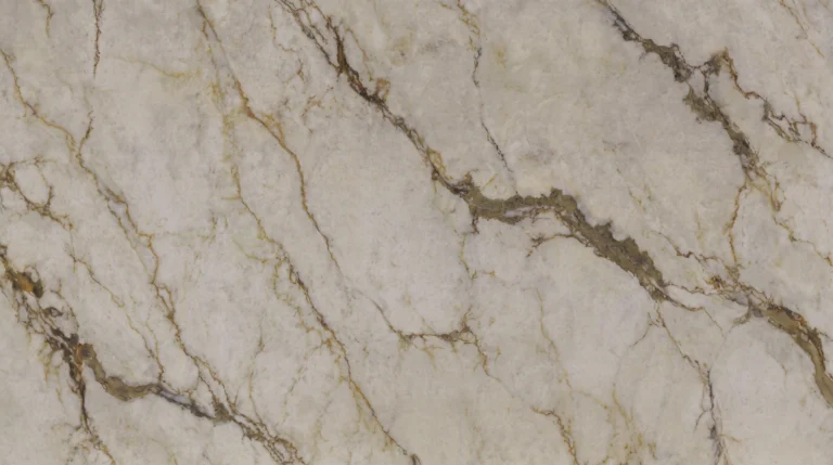 Polished Calacatta Aura quartz slab, warm cream with bronze-gold and brown veins