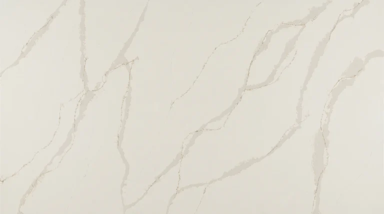 Polished Calacatta Bella quartz slab, creamy white with soft beige and gold veins