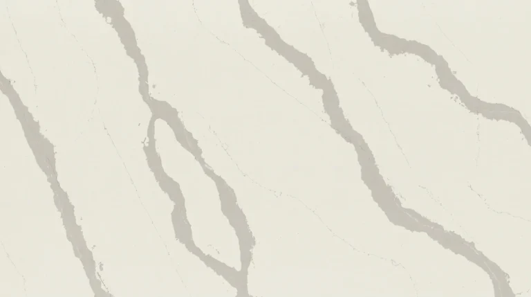 Polished Silestone Calacatta Classic slab, warm white with flowing soft gray veins