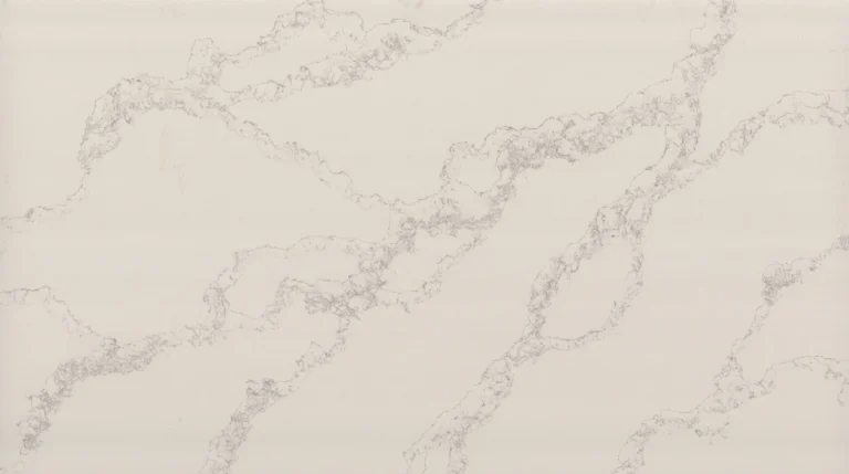 Polished Calacatta Diana quartz slab, soft white with branching light gray veins