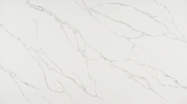 Polished Calacatta Rocky quartz slab, bright white with thin light gray veins