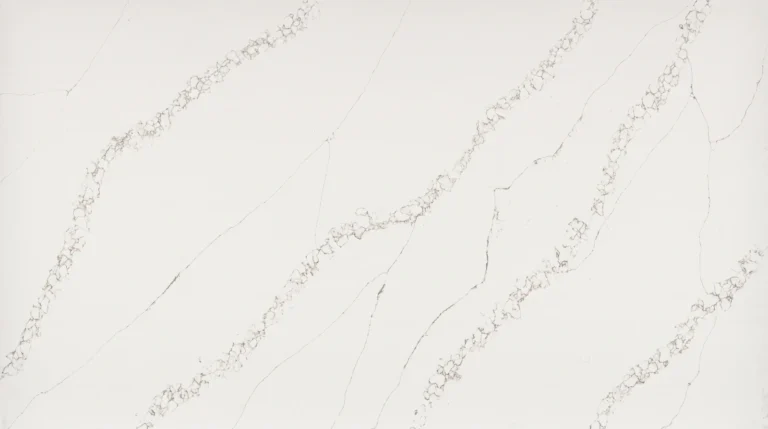 Polished Calacatta Venato quartz slab, white with flowing gray veins