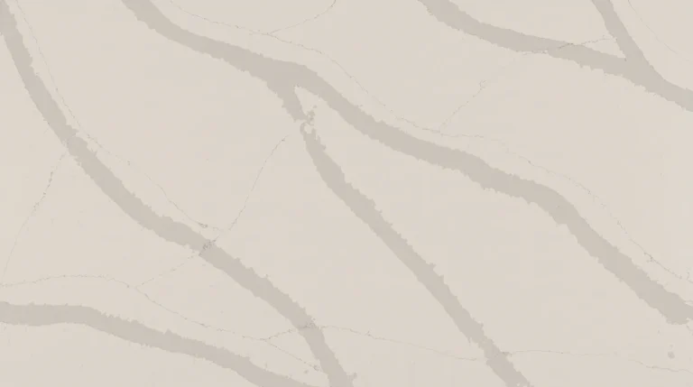 Polished Calacatta West quartz slab, creamy white with wide sweeping light gray veins