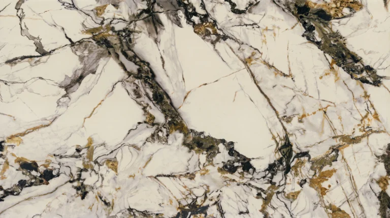 Polished Cappuccino quartz slab, warm cream with charcoal, gray and gold veining