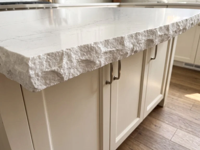 Chiseled countertop edge on white quartz
