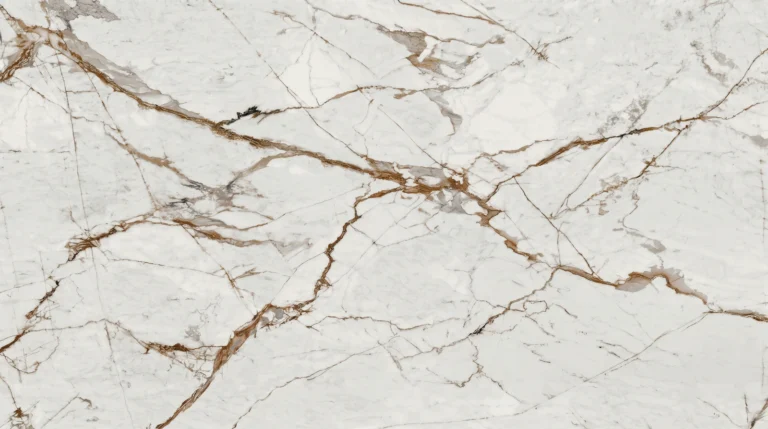 Dekton Awake white marble look slab with cognac and gold veins, polished finish