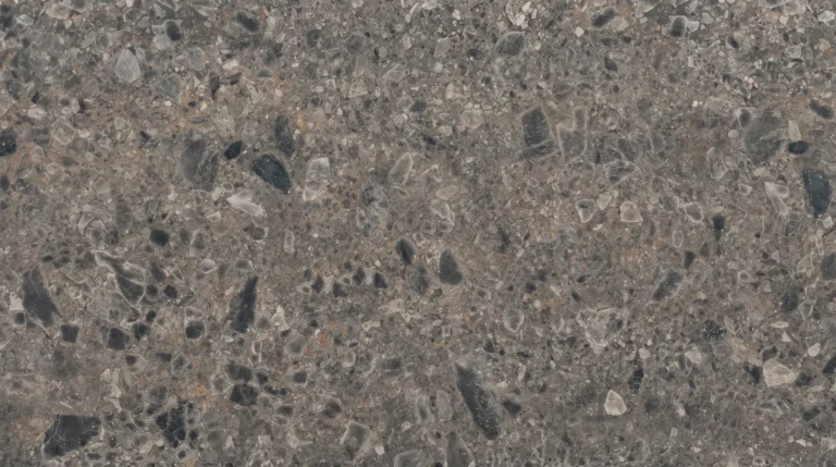Dekton Ceppo dark gray-brown conglomerate stone look slab, matte finish