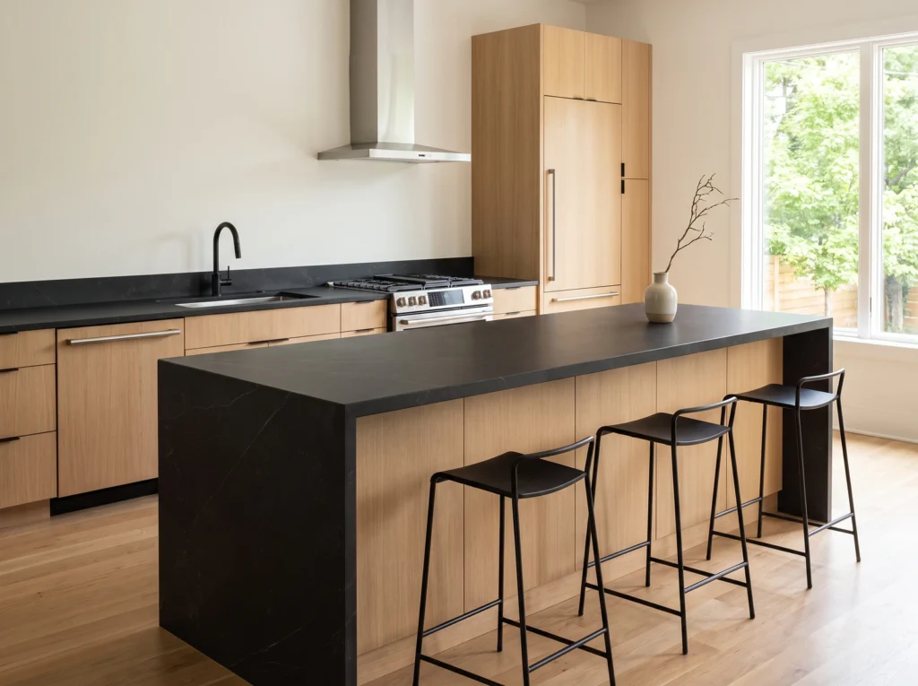 Modern white oak kitchen with matte black Dekton countertops and waterfall island