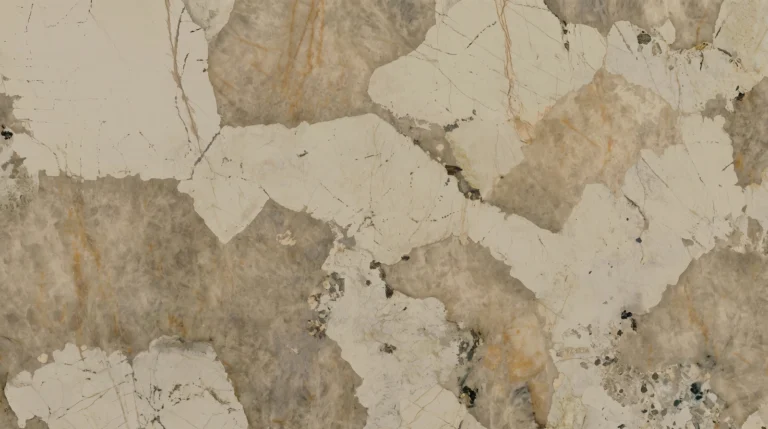 Dekton Khalo polished slab with cream crystal patches and smoky taupe areas