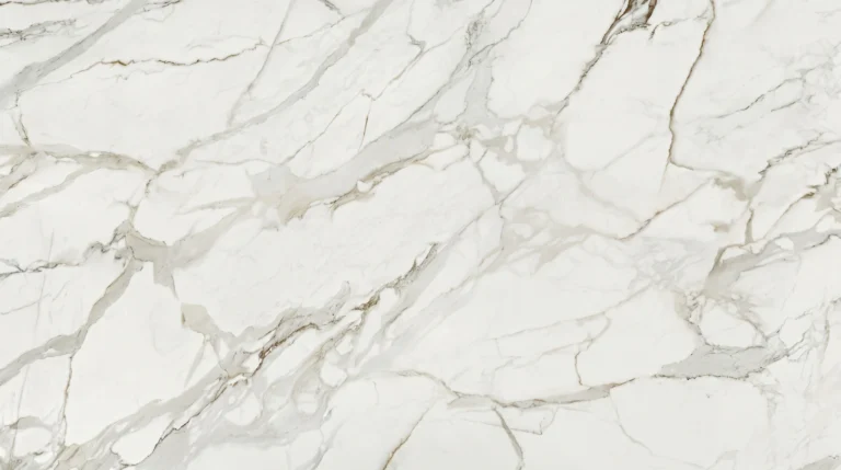 Dekton Lucid white marble look slab with soft gray and taupe veins, polished finish