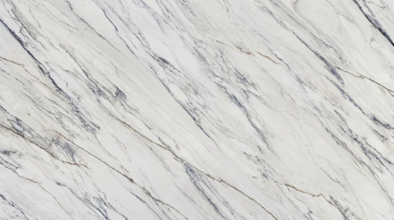 Dekton Trance white marble look slab with blue-gray veins, polished finish