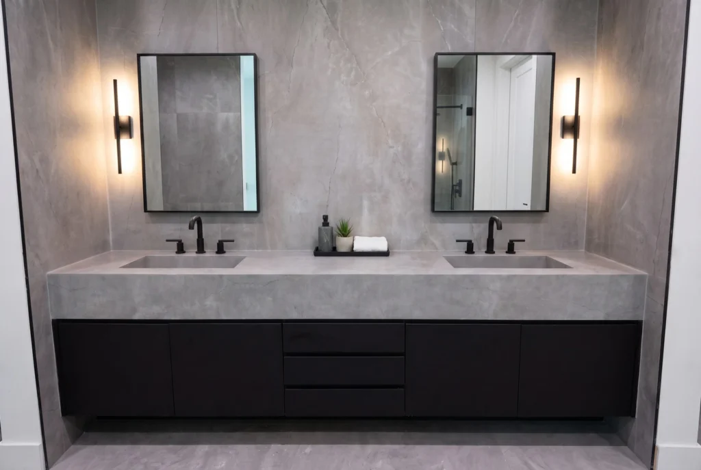 Double bathroom vanity with integrated stone sinks, black faucets, mirrors and full-slab stone walls
