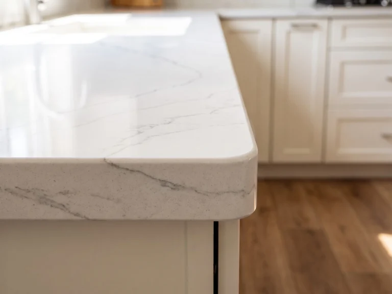 Eased countertop edge on white quartz