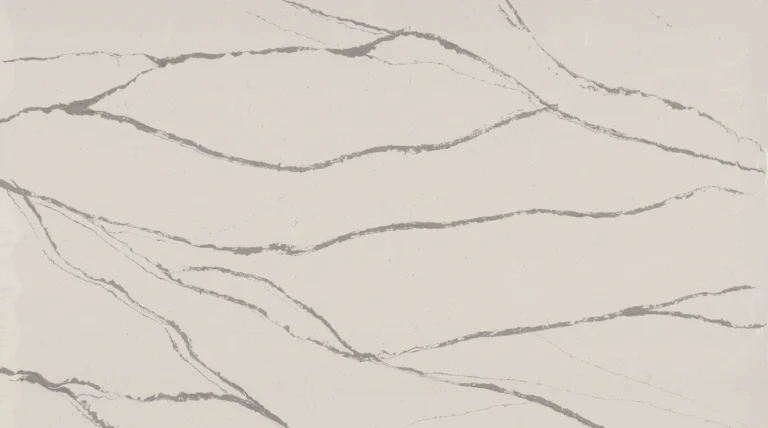 Polished Silestone Et. Bella quartz slab, creamy white with sweeping gray veins