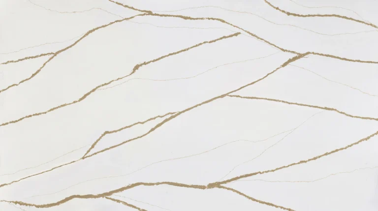 Polished Silestone Et. Dor quartz slab, bright white with sweeping gold veins