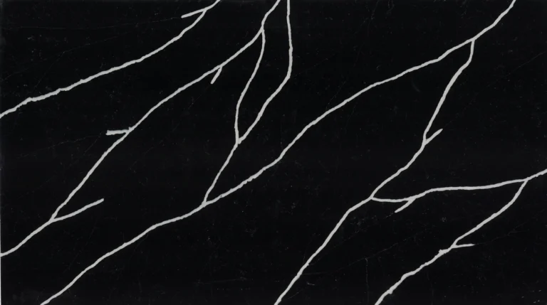 Polished Silestone Et. Marquina quartz slab, black with bold white veins