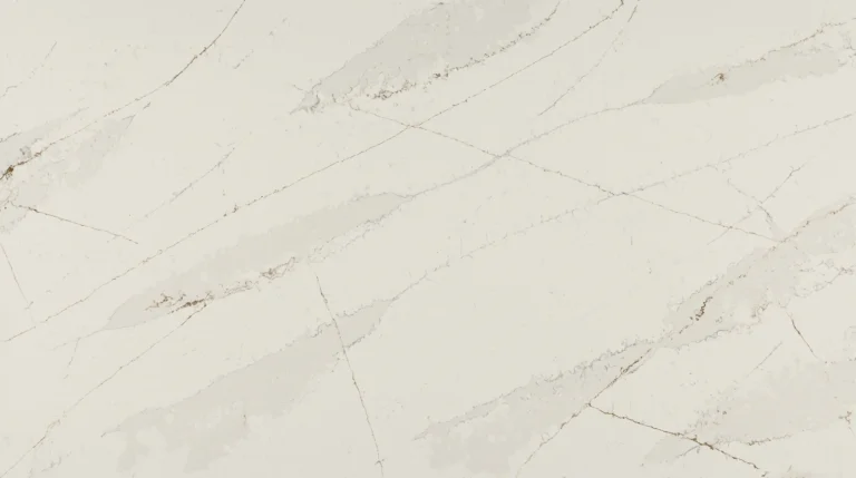 Polished Silestone Ethereal Glow quartz slab, warm white with soft gray and gold veining