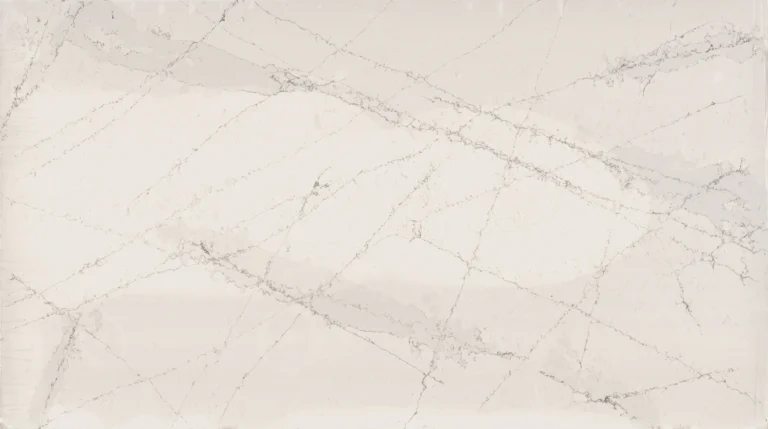 Polished Silestone Ethereal Haze quartz slab, creamy white with flowing gray veins