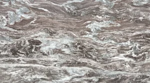 Fantasy Brown marble slab, polished finish, flowing taupe brown bands with white veins and gray clouds