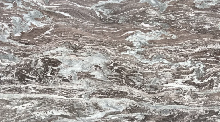 Fantasy Brown marble slab, polished finish, flowing taupe brown bands with white veins and gray clouds