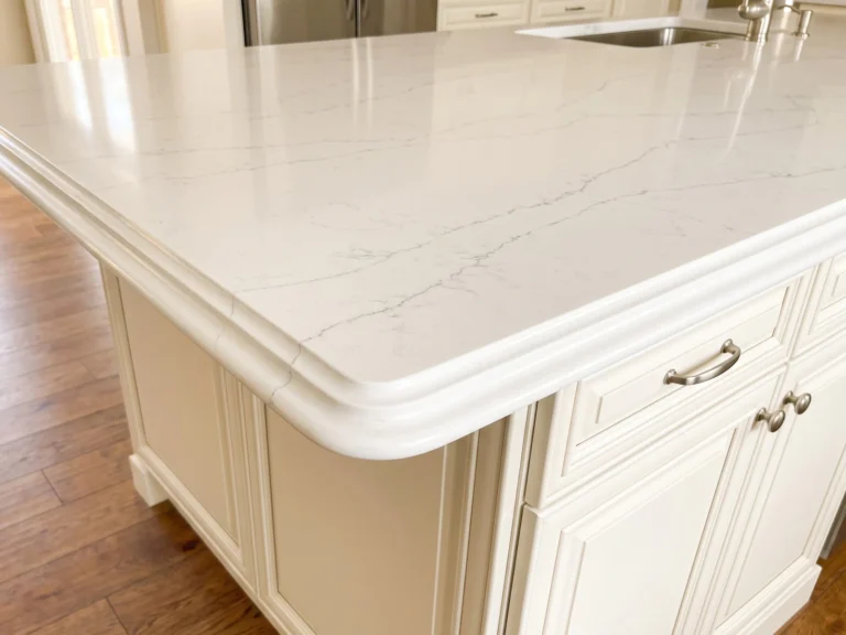 French Ogee countertop edge on white quartz