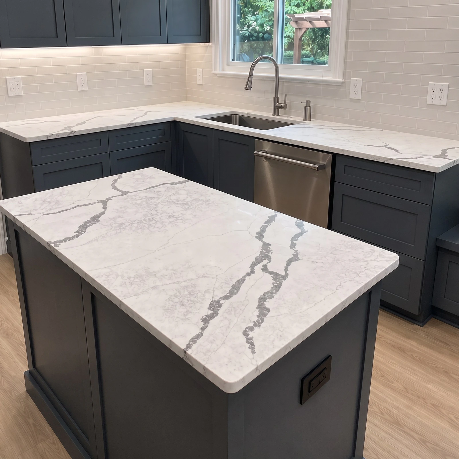 Charcoal shaker kitchen and island in White quartz, bold gray veins