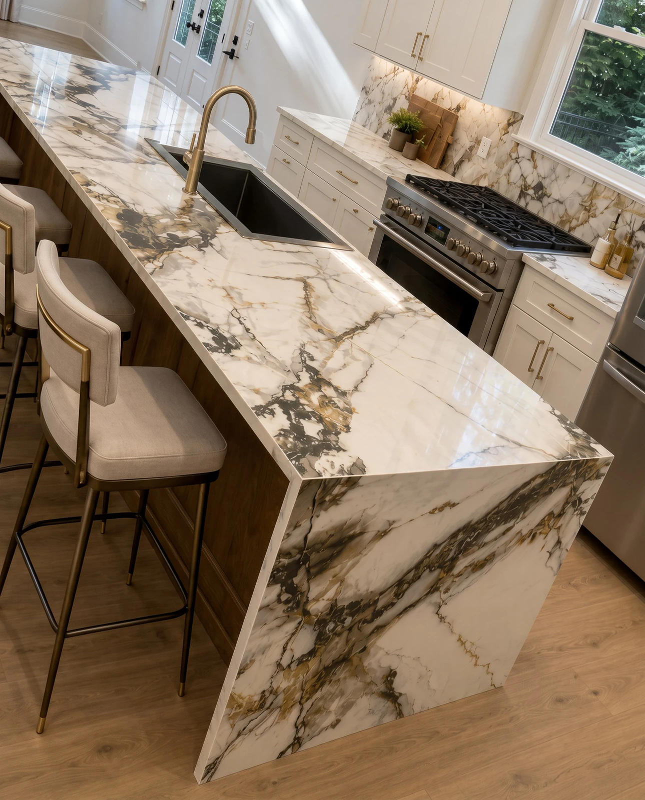 Statement island with gold veining in Gold-veined white stone