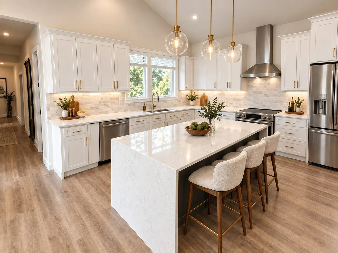 White kitchen with a white quartz waterfall island
