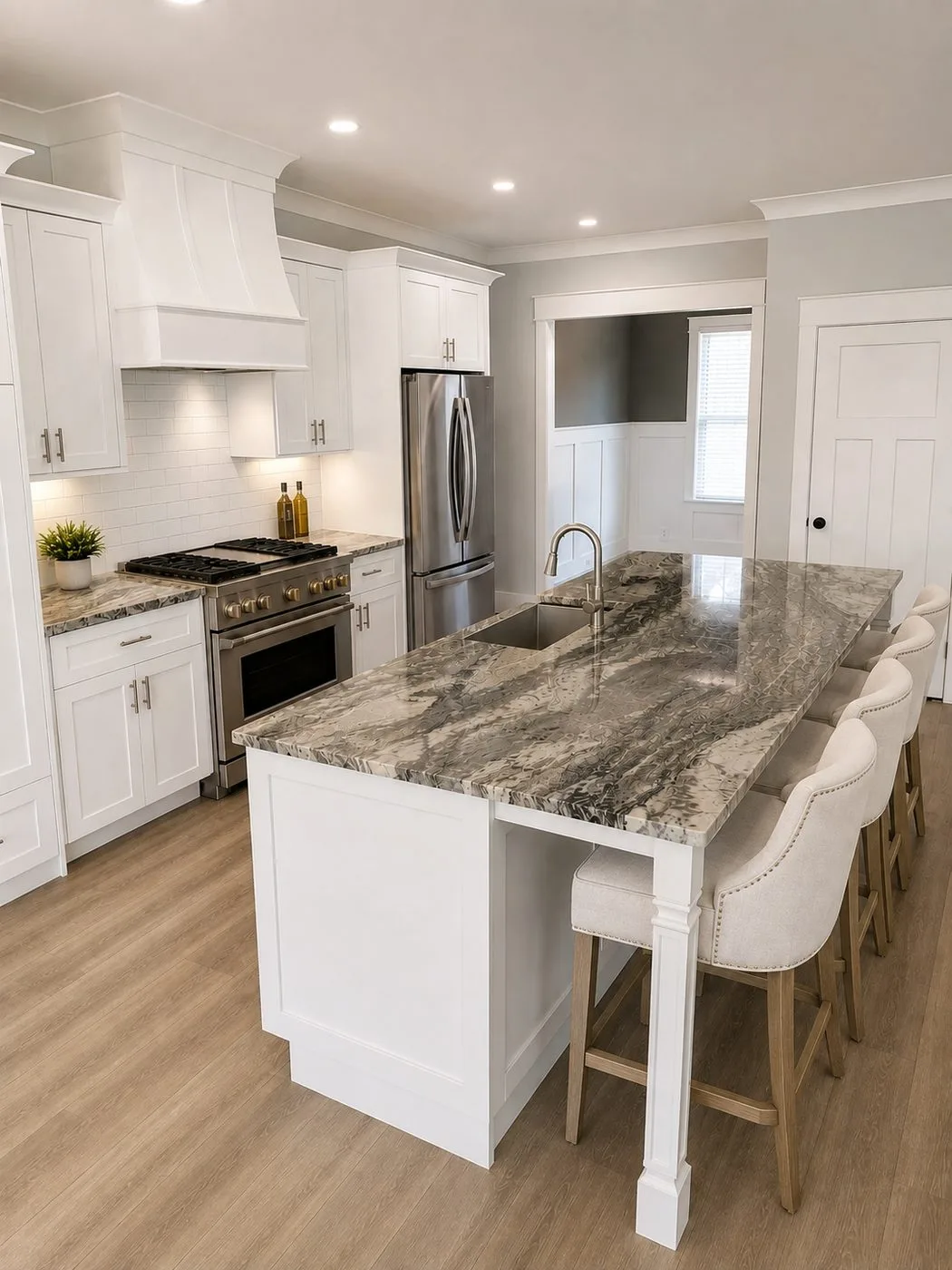 Kitchen island in a gray and white swirling granite