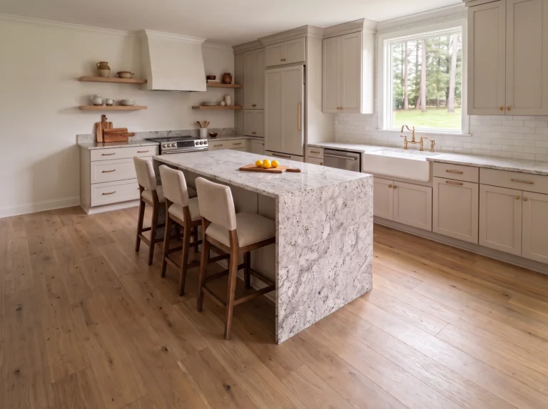 Greige farmhouse kitchen with a white granite waterfall island and granite countertops