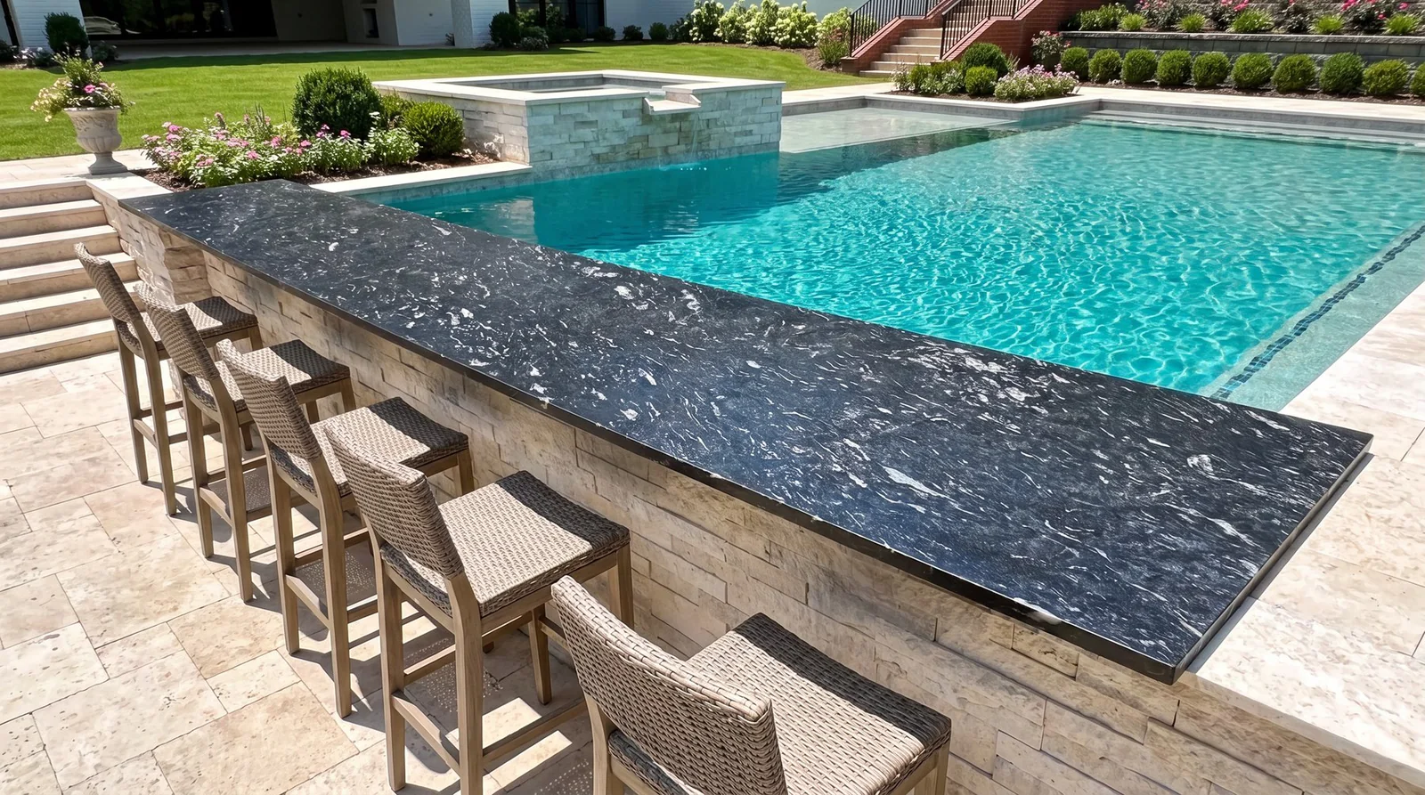 Black granite pool bar top seen from the outside