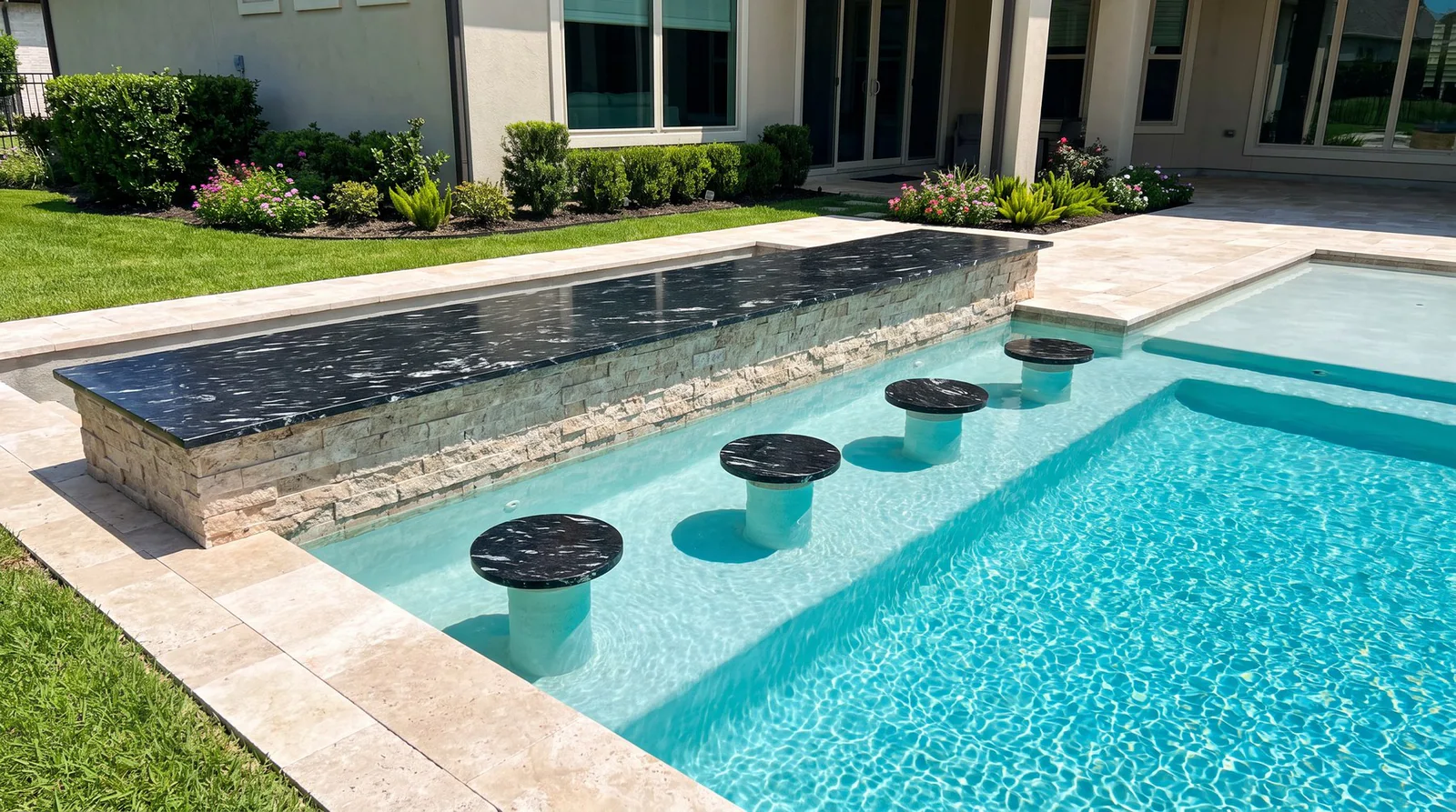 Black granite swim-up pool bar top and in-water stone stools