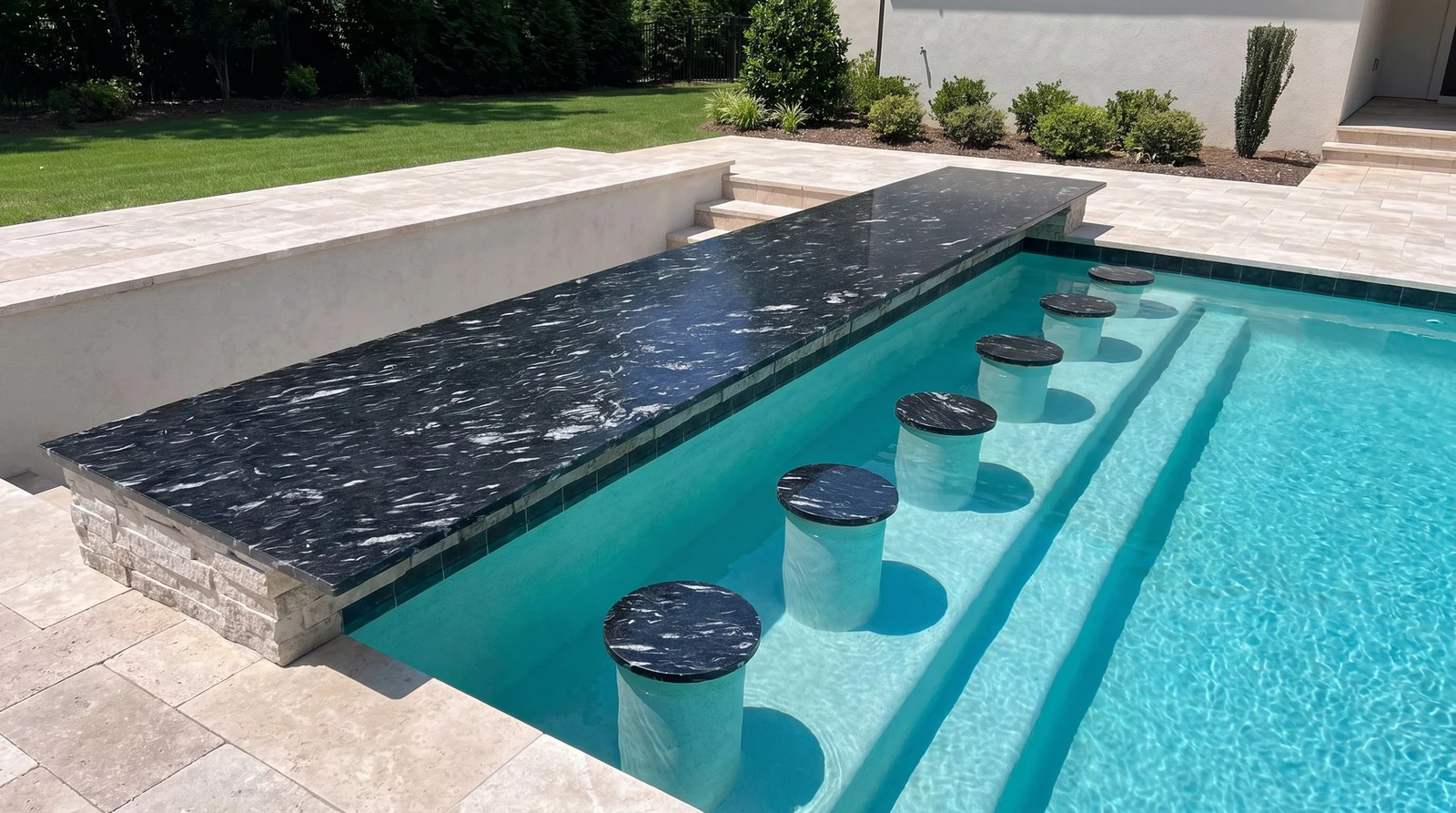 Black granite swim-up pool bar with stone stools
