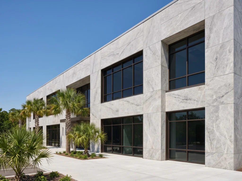 Commercial building facade clad in large-format light gray stone panels