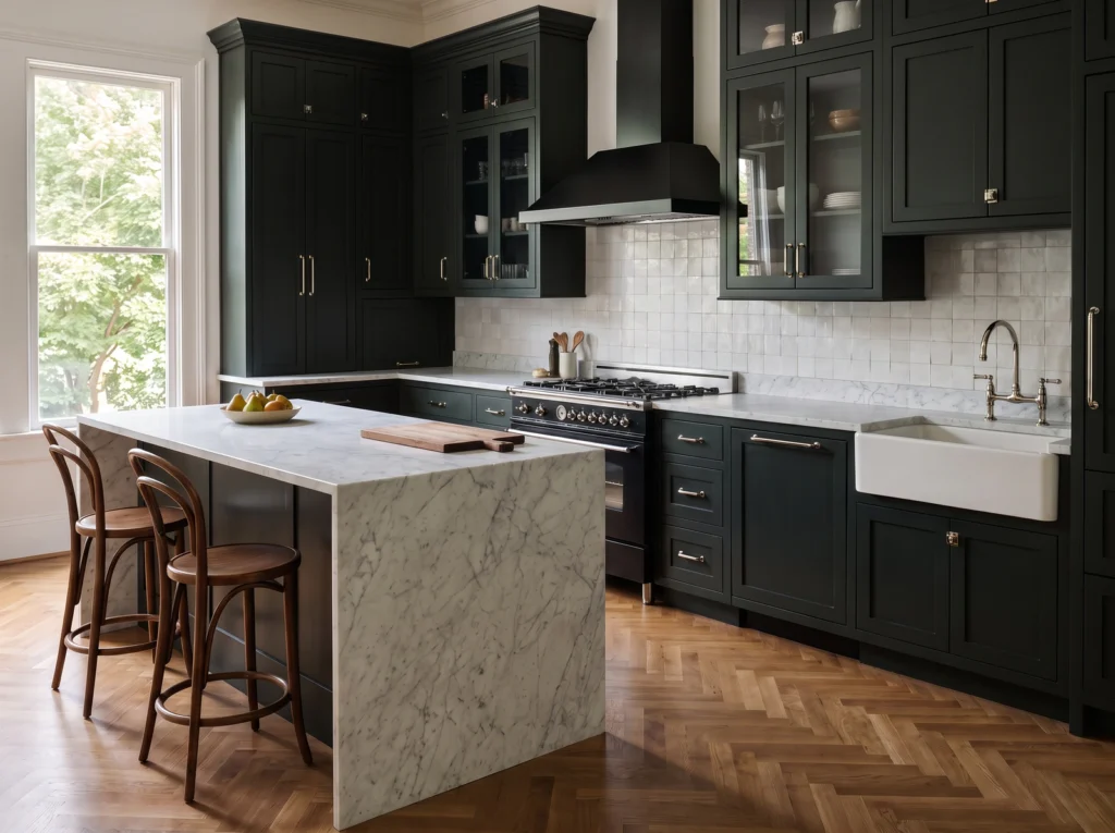 Deep green kitchen with a white Carrara marble waterfall island and countertops