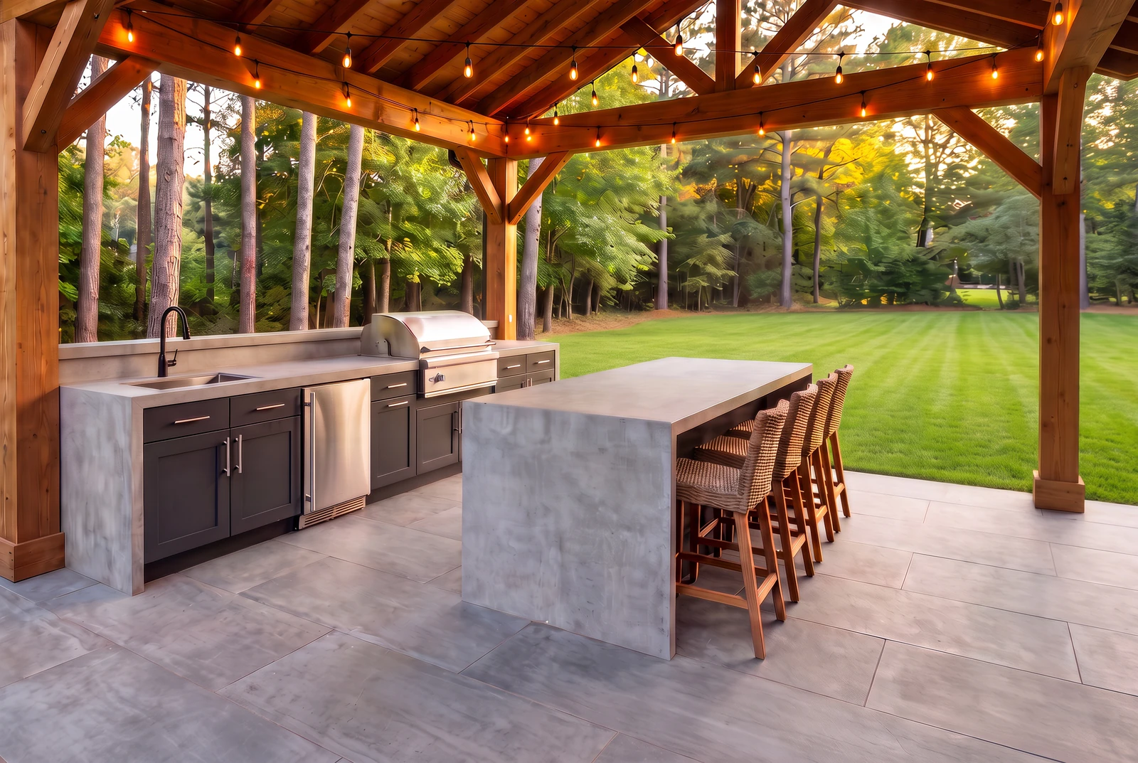 Outdoor kitchen under a cedar pavilion with concrete-gray Dekton counters and island