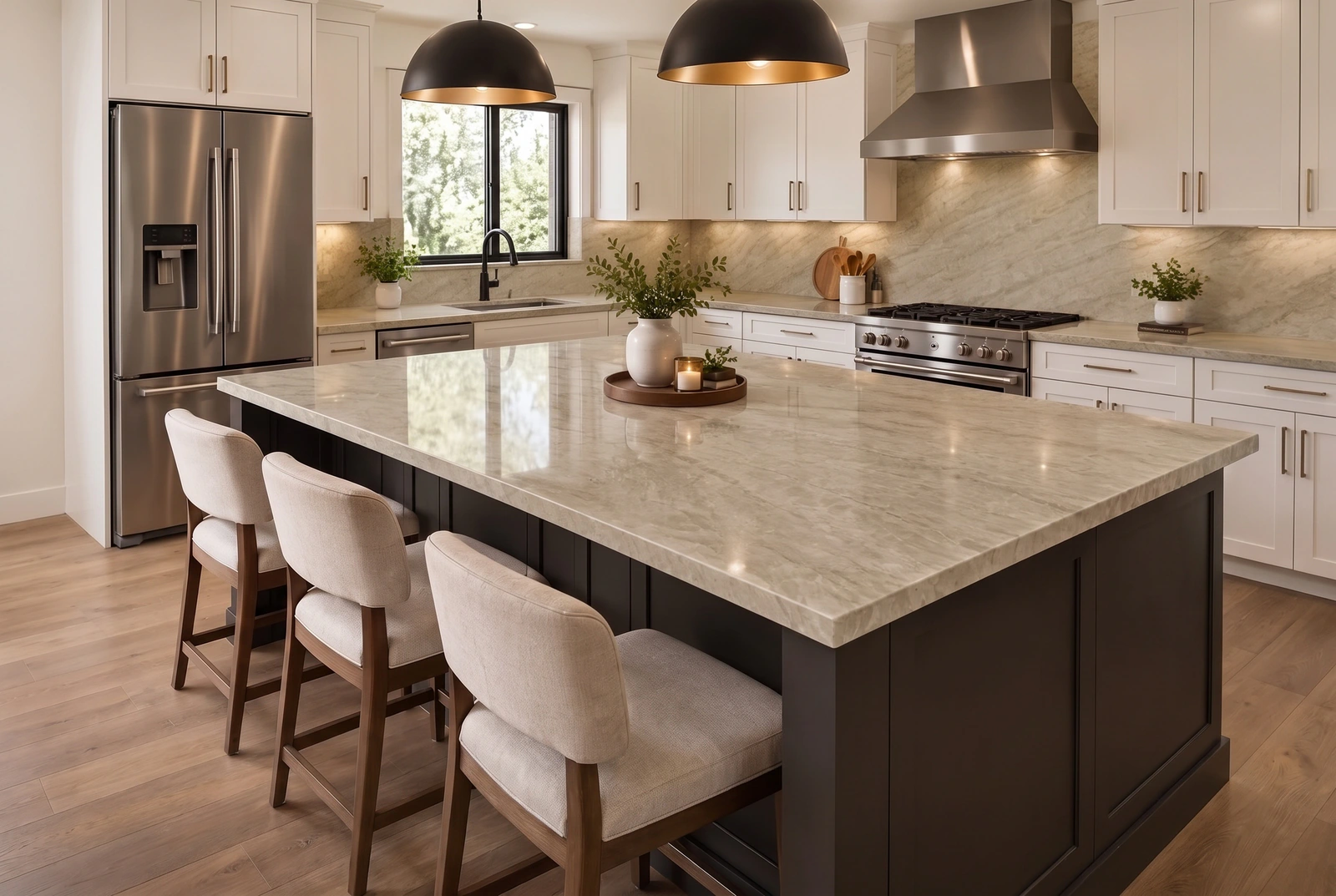 Kitchen with a soft beige quartzite island and full-height quartzite backsplash