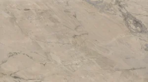 Polished Milano Venato quartzite slab, warm beige with sweeping gray veins