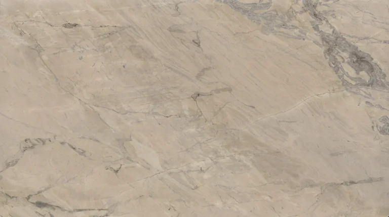 Polished Milano Venato quartzite slab, warm beige with sweeping gray veins
