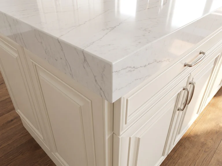 Mitered countertop edge on white quartz