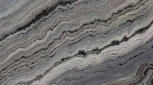 Polished Ocean Blue dolomite slab, flowing blue-gray, gray and cream bands with charcoal veins