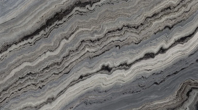 Polished Ocean Blue dolomite slab, flowing blue-gray, gray and cream bands with charcoal veins
