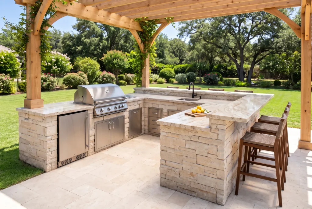 Outdoor kitchen with a granite countertop, stacked stone island, built-in grill and bar seating under a pergola