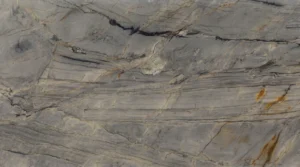 Picasso Blue quartzite slab, polished finish, with blue-gray and greige bands and fine gold veins