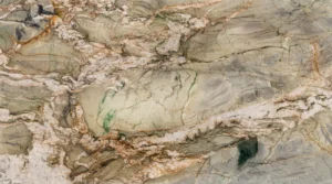 Polished Picasso quartzite slab, sage green-gray with white crystal bands and rust veins