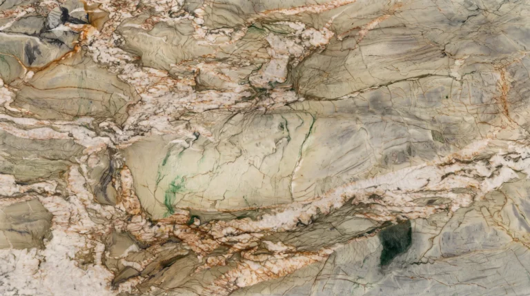 Polished Picasso quartzite slab, sage green-gray with white crystal bands and rust veins