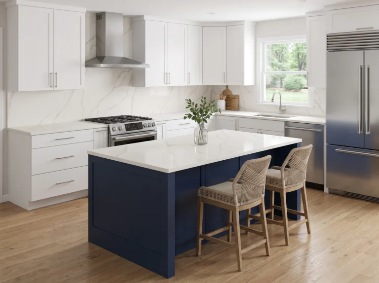 White kitchen with a navy island and white quartz countertops and full-height backsplash