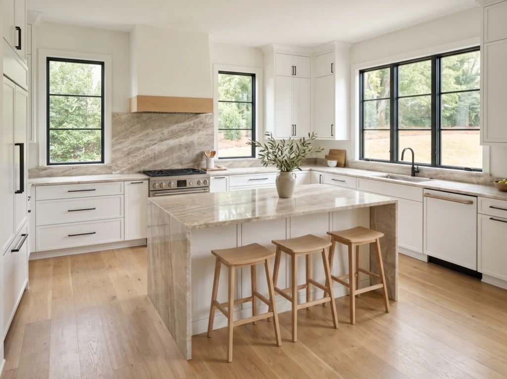 Bright white kitchen with a Taj Mahal quartzite waterfall island, countertops and range backsplash